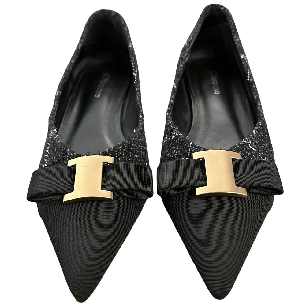 C.Paravano Aida Black Tweed Pointed Toe Flats 39.5 US 9 Gold Metal Bow